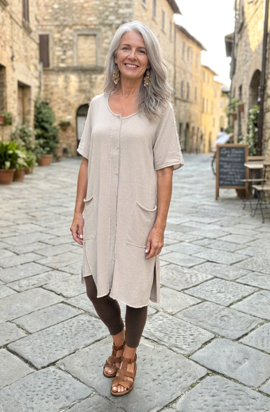 Kedziorek Beige Tunic Long Top Cardigan Style Boho Hippie look Size Large